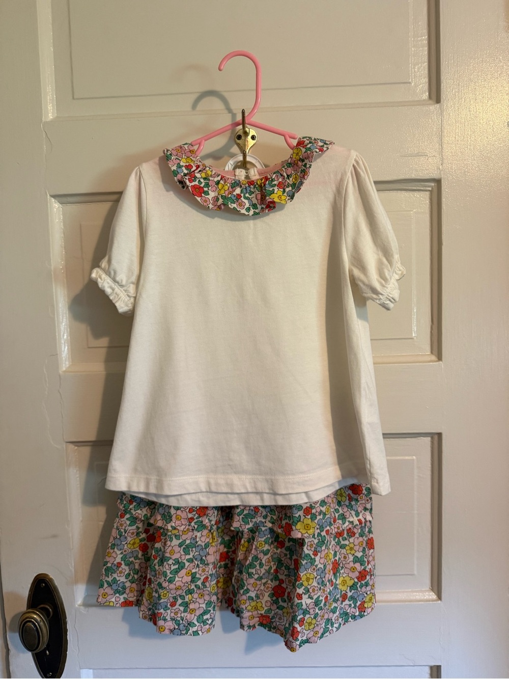Mini Boden White Short-Sleeve Top with Floral Collar and Matching Skirt